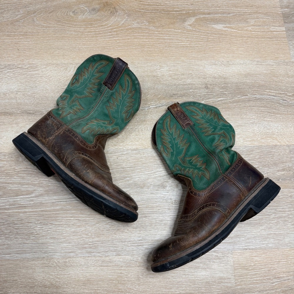 Justin Original Workboots Mens 8.5 D Brown Green Leather Western Boots WK4680